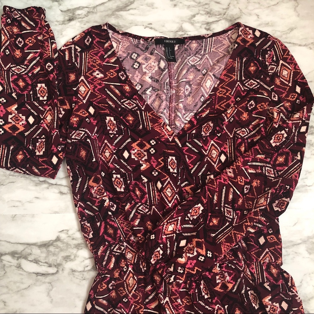 Forever 21 Long Sleeve Patterned Surplice Romper S